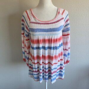 Anthropologie Meadow Rue Striped Smocked Peasant Boho Babydoll 3/4 Sleeve Size S